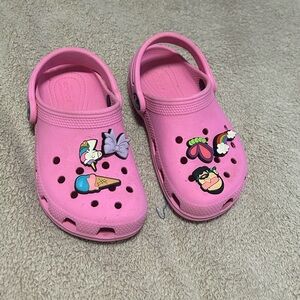 Crocs Pink Child Size C 10 Slip On Shoes Clog Jibbitz Unicorn Gumball Rainbow